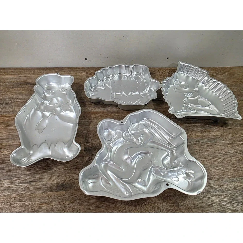 Vtg Lot 4 Wilton Cake Pan Flintstones Charlie Brown Bart Simpsons Bugs Bunny